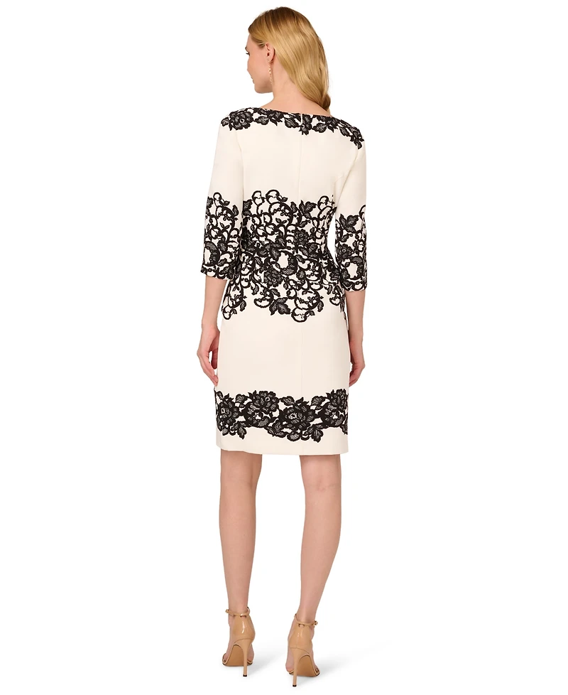 Adrianna Papell Women's Scroll Lace Boat Neck Short Dress