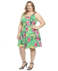 24seven Comfort Apparel Plus Floral Pleated Pocket Skater Dress