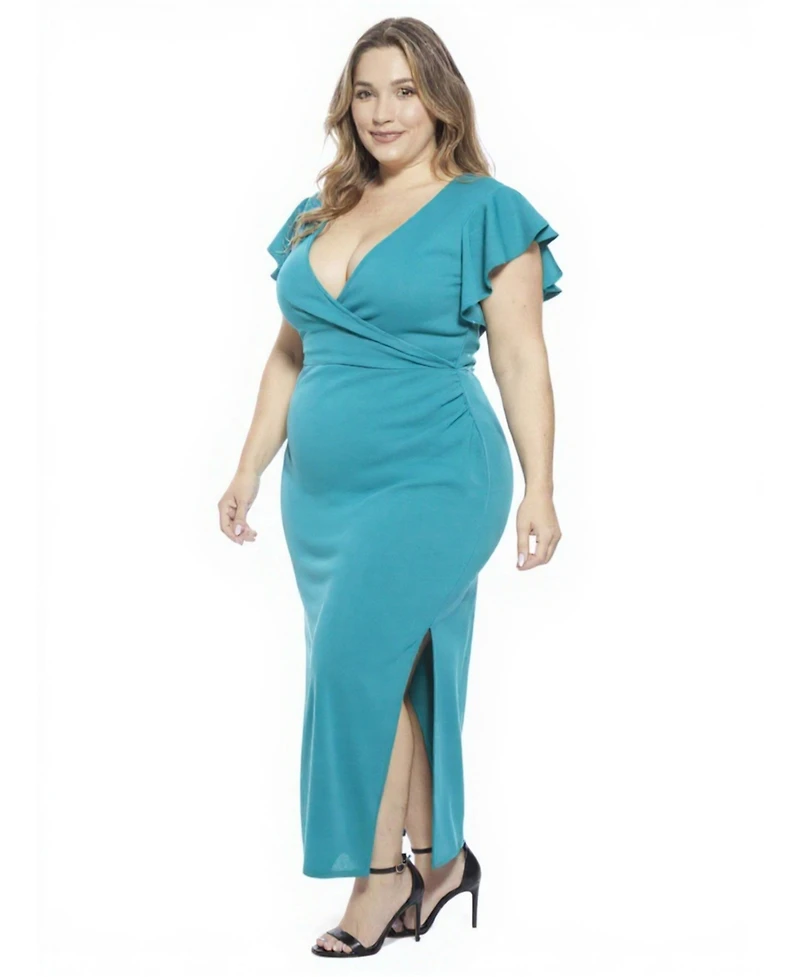 24seven Comfort Apparel Plus Tulip Hem Faux Wrap Maxi Dress