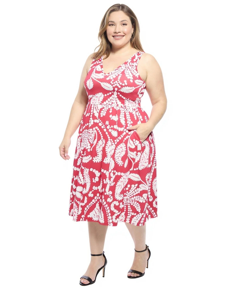 24seven Comfort Apparel Plus Paisley Pleated Pocket Fit and Flare Dress