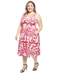 24seven Comfort Apparel Plus Paisley Pleated Pocket Fit and Flare Dress