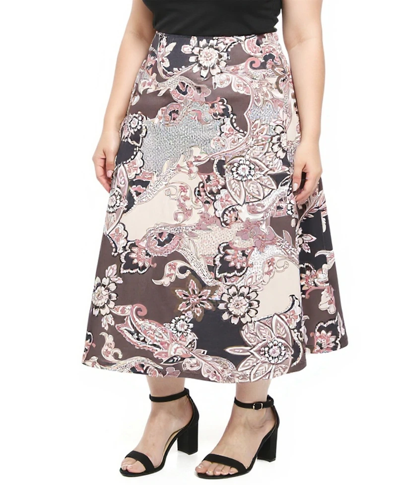 24seven Comfort Apparel Plus Paisley Elastic Waist A-Line Skirt