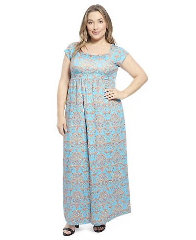 24seven Comfort Apparel Plus Abstract Cap Sleeve Pleated Maxi Dress