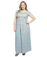 24seven Comfort Apparel Plus Abstract Cap Sleeve Pleated Maxi Dress