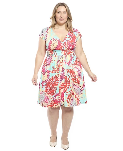 24seven Comfort Apparel Plus Abstract Cap Sleeve Pocket Dress