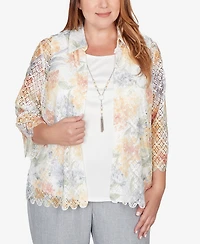 Alfred Dunner Plus Al Fresco Lace Floral Two One Top with Necklace