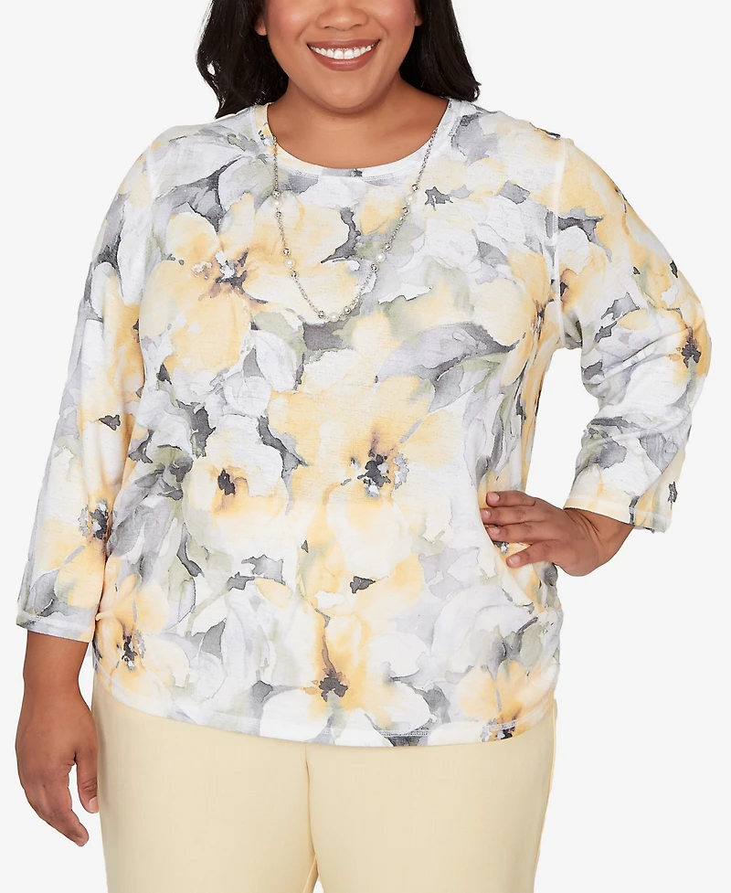 Alfred Dunner Plus Al Fresco Watercolor Floral Side Ruched Top with Necklace