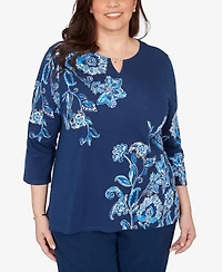Alfred Dunner Plus Mykonos Asymmetrical Floral Split Beaded Neck Top