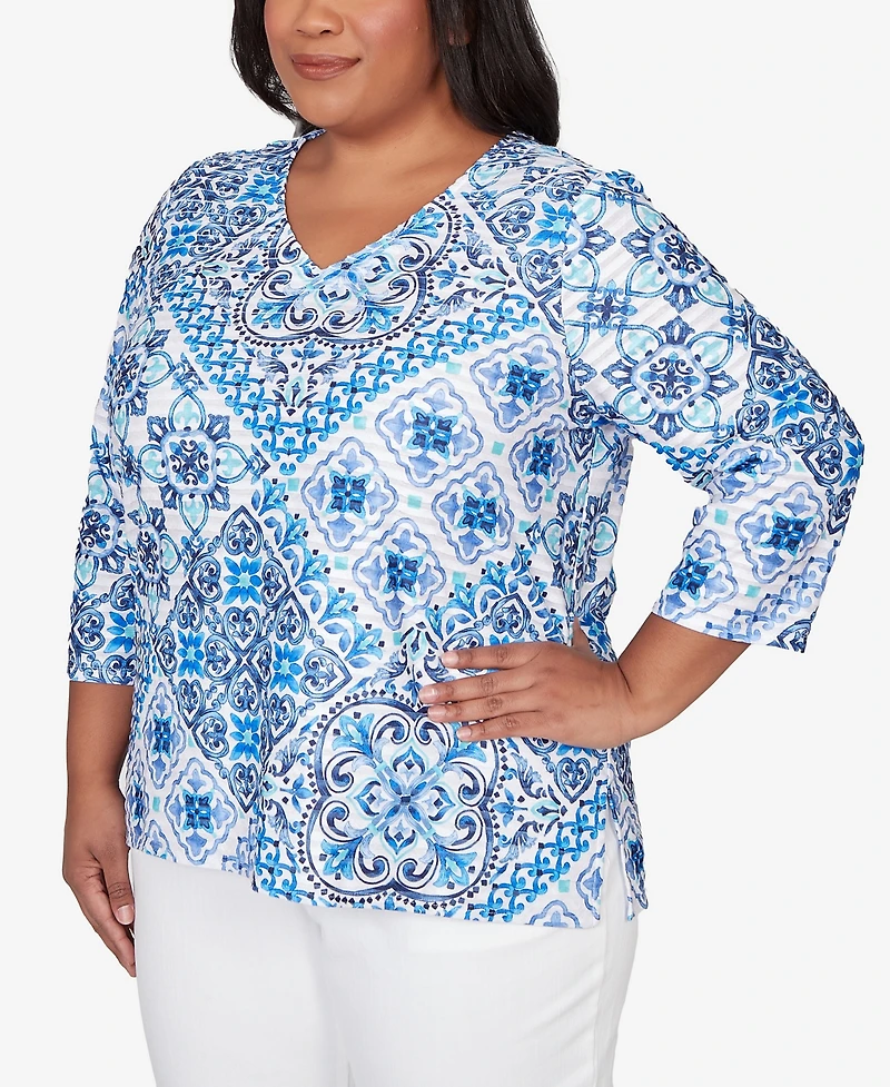 Alfred Dunner Plus Mykonos Aegean Tile V-Neck Top