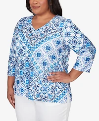 Alfred Dunner Plus Mykonos Aegean Tile V-Neck Top