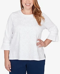Alfred Dunner Plus Mykonos White Medallion Embroidered Top