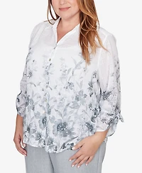 Alfred Dunner Plus Al Fresco Collared Watercolor Print Button front closure Top