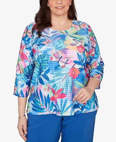 Alfred Dunner Plus The Royal Treatment Tropical Butterfly Ruffle Textured Top