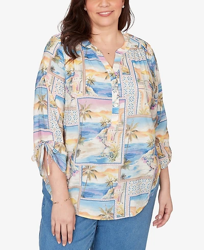 Alfred Dunner Plus Beachcomber Postcard Print Tie Sleeve Henley Top