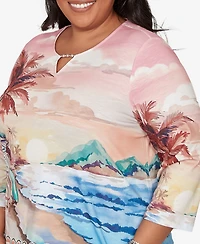 Alfred Dunner Plus Beachcomber Sunset Beach Scenic Split Neck Top