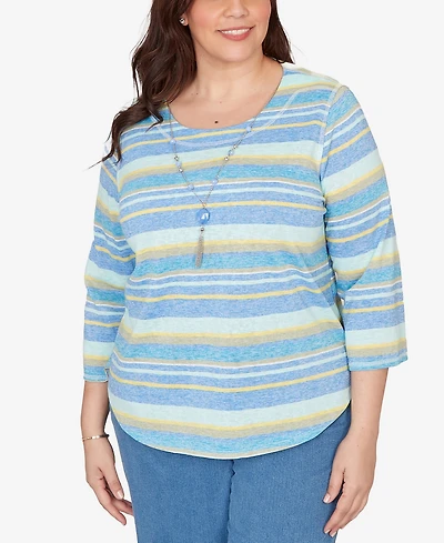 Alfred Dunner Plus Beachcomber Coastal Striped Top with Necklace