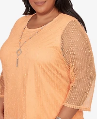 Alfred Dunner Plus Beachcomber Bright Popcorn Mesh Top with Necklace