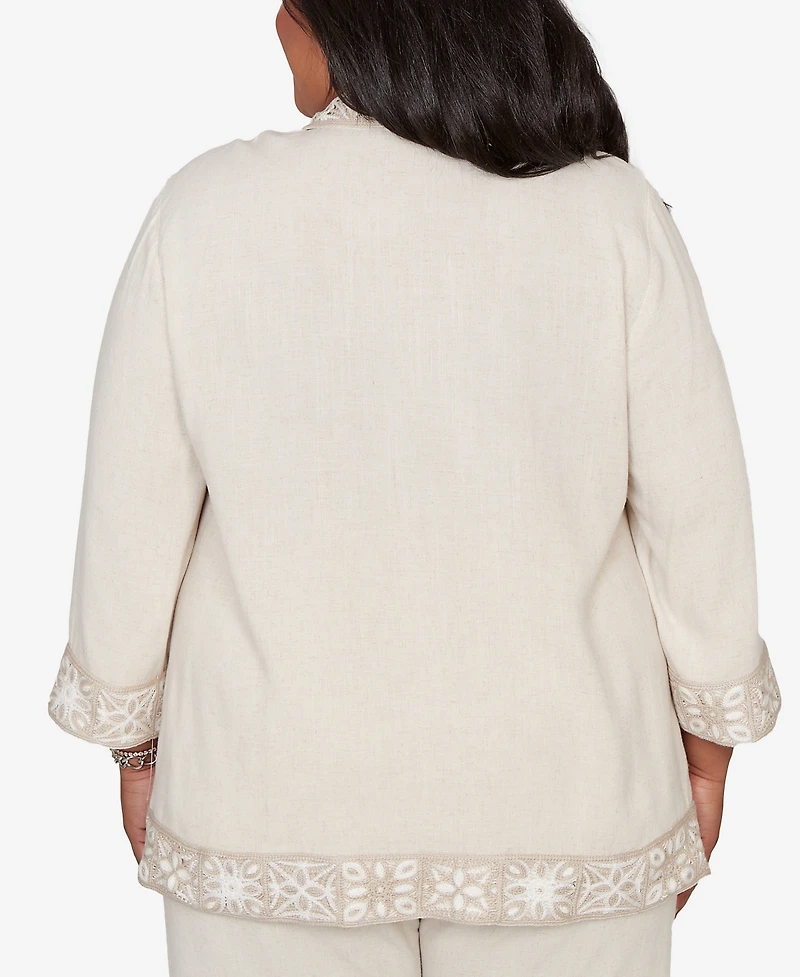 Alfred Dunner Plus Natural Wonder Embellished Crochet Trim Linen Jacket