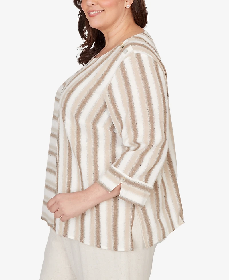Alfred Dunner Plus Natural Wonder Spliced Stripe Three Quarter Sleeve Top