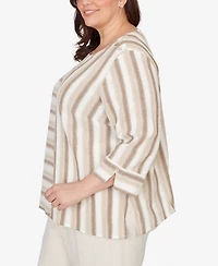 Alfred Dunner Plus Natural Wonder Spliced Stripe Three Quarter Sleeve Top