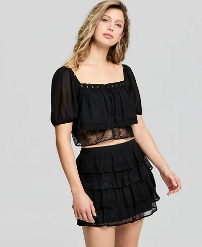 And Now This Women's Chiffon Lace Short-Sleeve Top, Macy's Exclusive