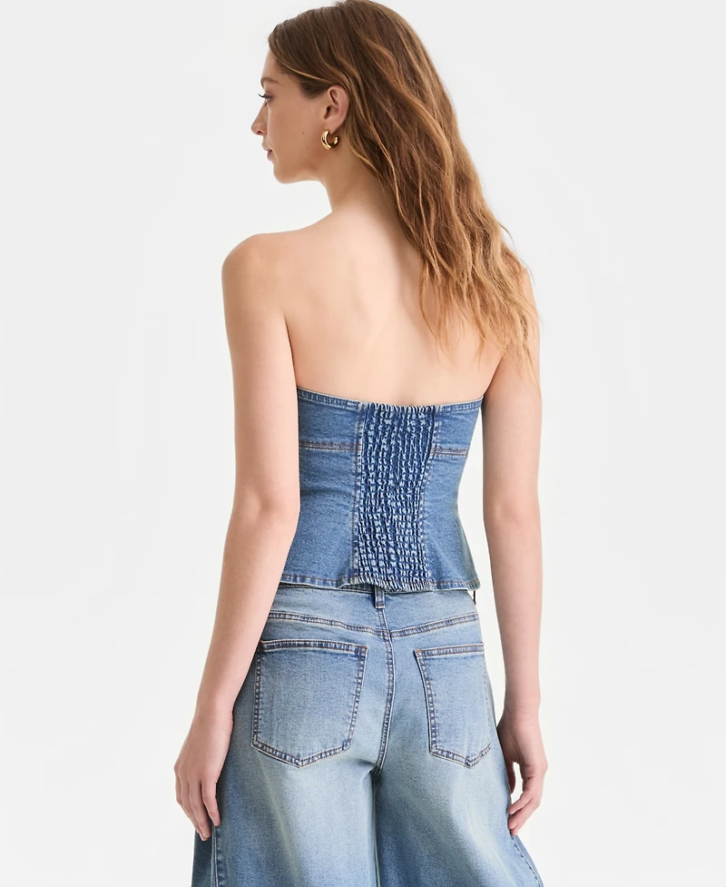Bar Iii Women's Denim Strapless Peplum Corset Top, Macy's Exclusive