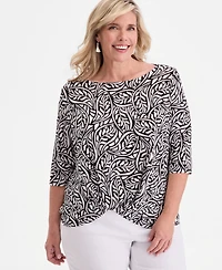 Jm Collection Plus Scattered Leaves Twisted-Hem Top, Macy's Exclusive