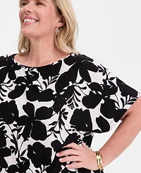 Jm Collection Plus Orchid Garden Banded-Bottom T-Shirt, Macy's Exclusive