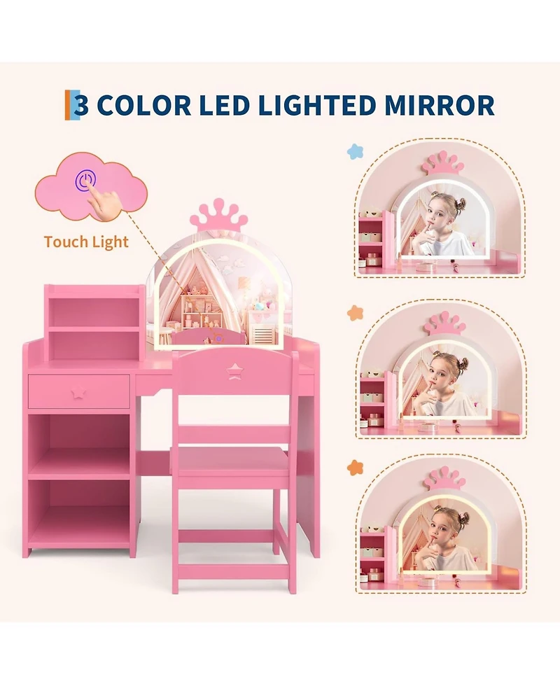 Gaomon Kids Vanity Lighted Mirror - 2 in 1 Princess Vanity Set Toddler Vanity Table and Chair Set for Bedrooms, Apartments