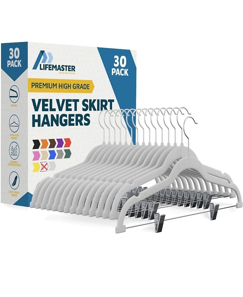 Lifemaster Velvet Skirt Hangers, Adjustable Clips, 360° Swivel Hook, Non-Slip Shoulder Notch, Holds 10 lbs