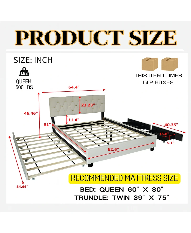 Streamdale Furniture Velvet Queen Bed with Twin Trundle and 2 Storage Drawers