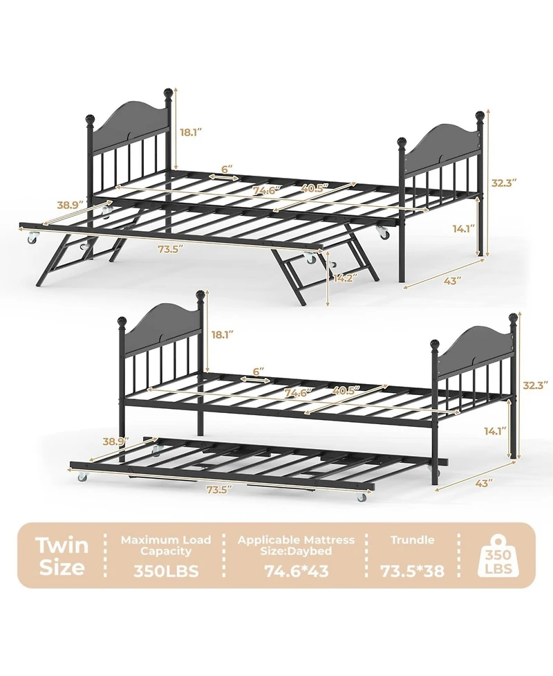 gaomon Twin Day Bed with Trundle Bed, Modern Sofa Frame Foldable Design, Metal & Heavy Duty Steel Slats