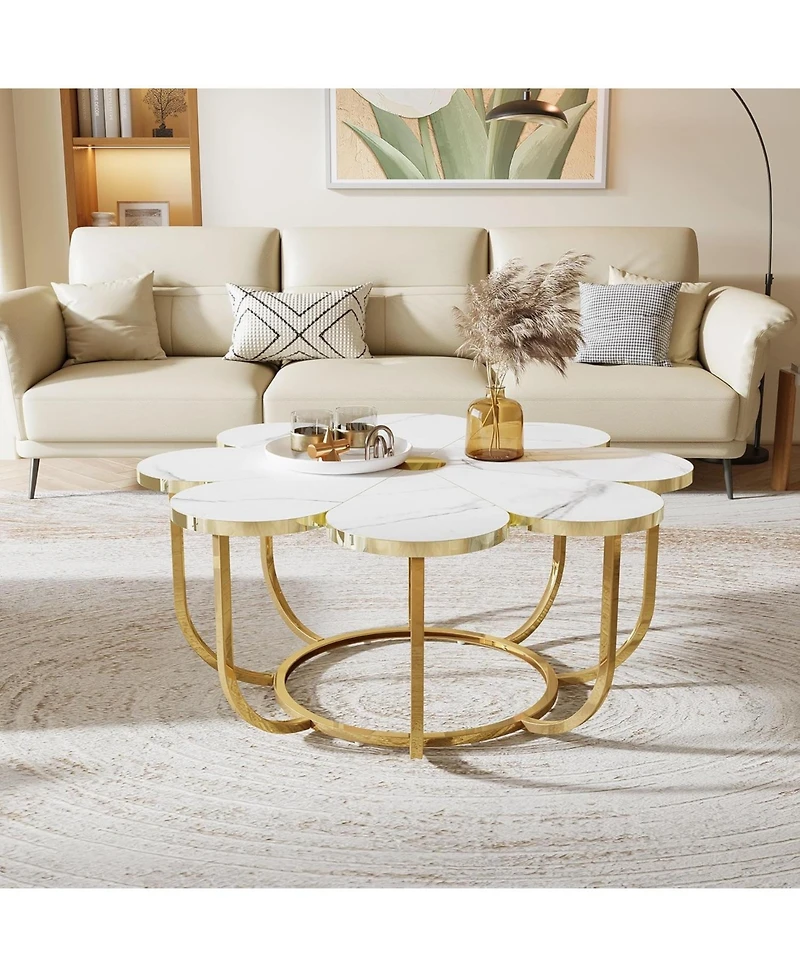 Tribesigns White and Gold Coffee Table, Flower-Shaped