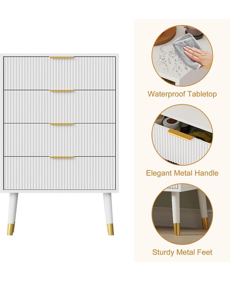 gaomon fluted 4-drawer tall dresser with gold metal handles, wooden storage chest organizer for bedroom or living room