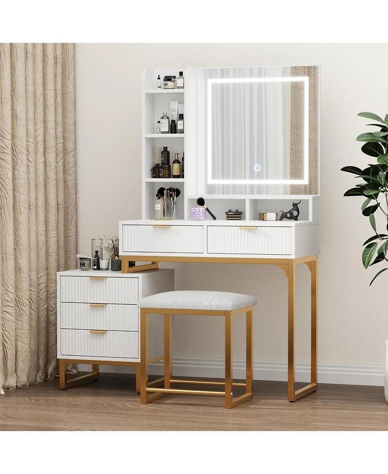 Gaomon Vanity Desk Mirror and Lights Fluted Vanity Desk for Bedrooms, Apartments, Easy to Assemble