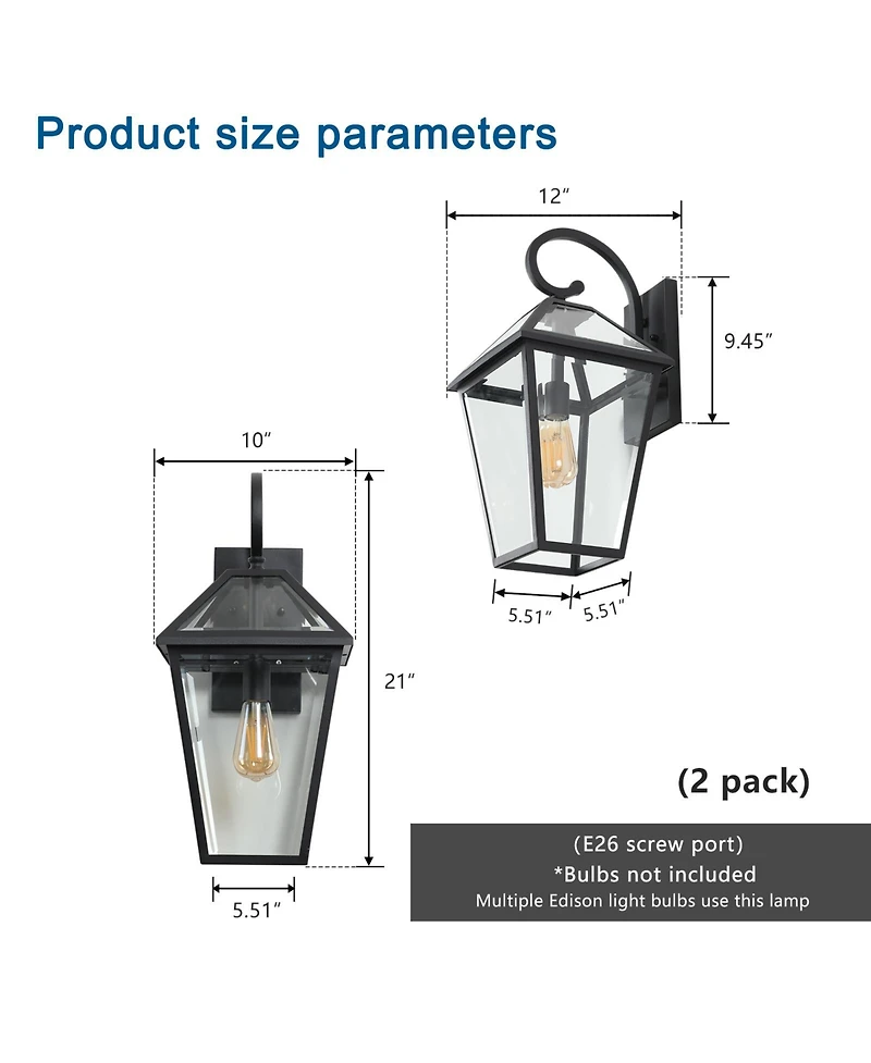 Busdays 21"(H) 2-Pack Outdoor Wall Lantern Light – Modern Black Metal & Clear Glass Sconce for Porch, Patio, and Garden Lighting (Bulb Not Included)