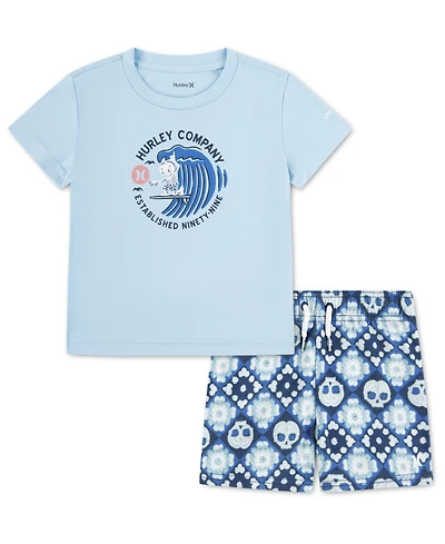 Hurley Toddler Boys' 2T-4T Crochet Skull Swim T-Shirt and Shorts, 2-Piece Set