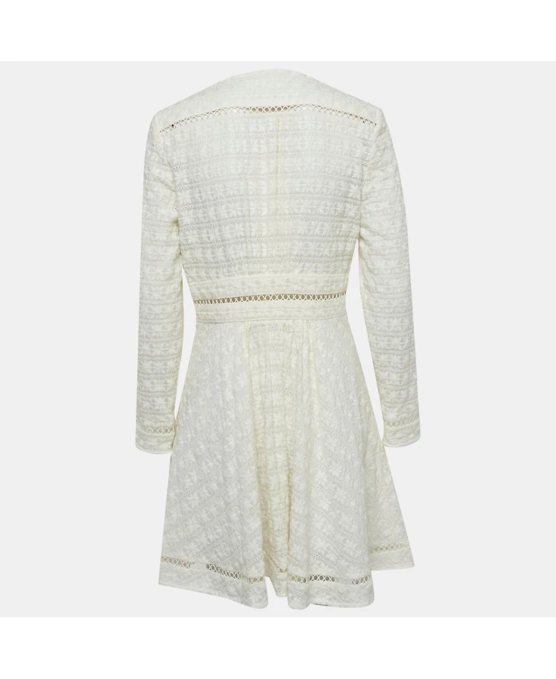 Pre-Owned Zimmermann Womens Cream Zephyr Broderie Cotton Plunge Neckline Mini Dress