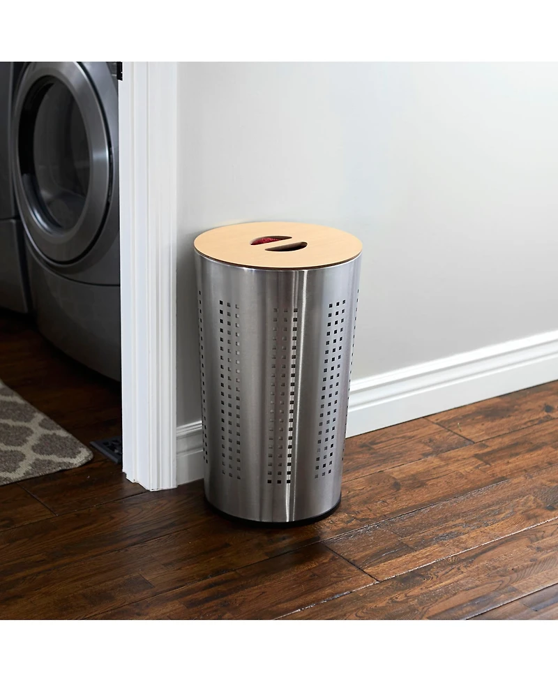 Household Essentials Round Metal Hamper with Engineered Wooden Lid, Stainless Steel