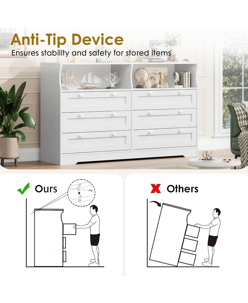 gaomon Dresser for Bedroom with 6 Drawers, 55" Wide Wooden Bedroom Dresser with Led Lights & Power Outlet, Modern Large Tv Dresser