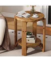 Tribesigns Solid Wood End Table, 2-Tier Round Sofa Side Table with Storage, Farmhouse Wooden Nightstand, Brown