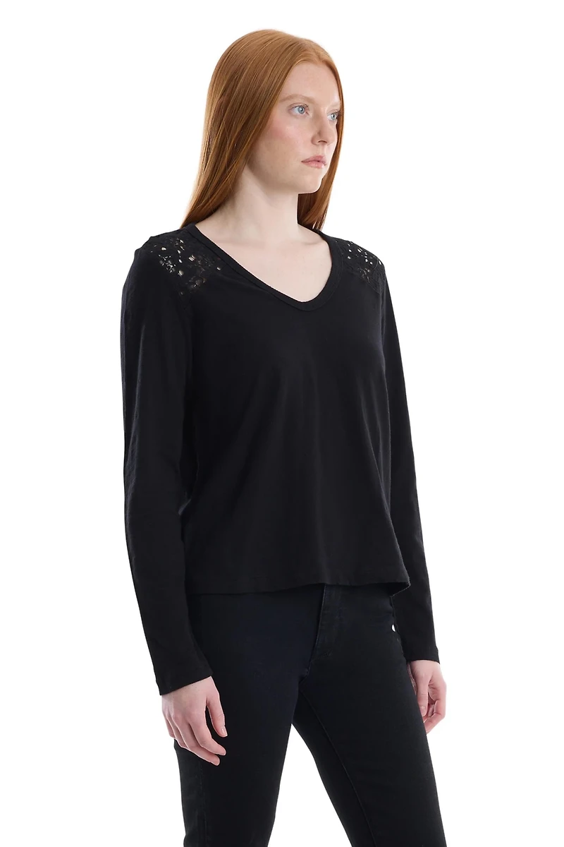 Wilt Clothing Women's V-Neck Long Sleeve Mixed Media Tee