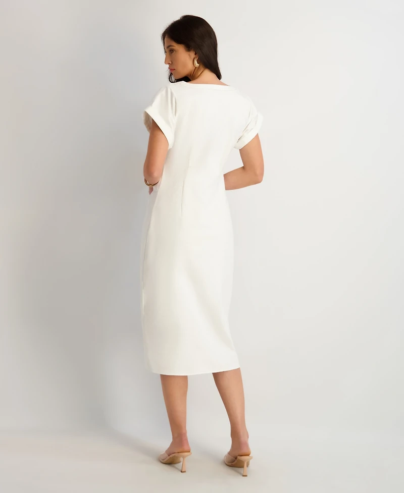 kensie Women's Faux Linen V-Neck Midi Dress