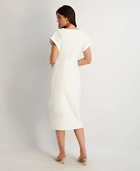 kensie Women's Faux Linen V-Neck Midi Dress