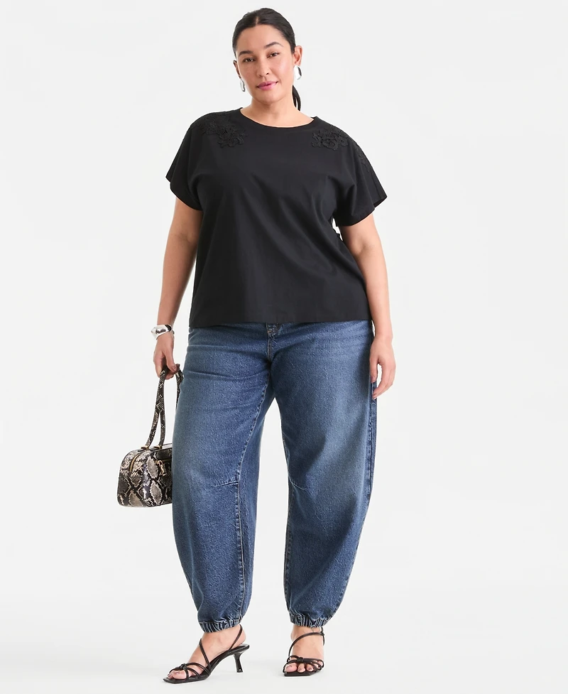 I.n.c. International Concepts Plus Short-Sleeve Lace-Shoulder Tee, Created for Macy's