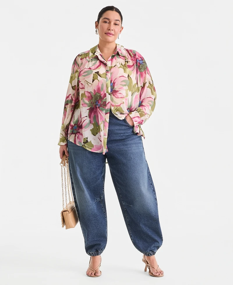 I.n.c. International Concepts Plus Printed Long-Sleeve Blouse, Created for Macy's