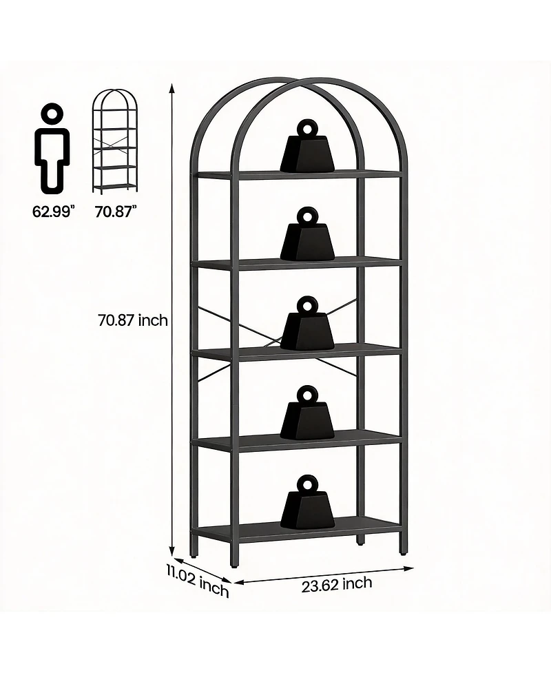 Yigii 5 Tier Arched Bookshelf - Modern Design, Sturdy Metal Frame, Multi-Functional