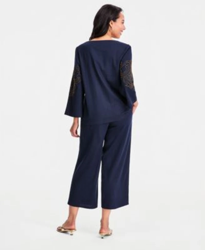 Jm Collection Womens Beaded Split Neck Top Cropped Drawstring Wide Leg Pants Macys Exclusive