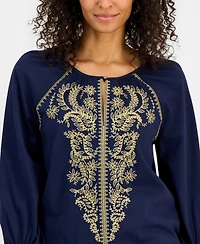 Jm Collection Women's Cotton Embroidered 3/4-Sleeve Top, Macy's Exclusive