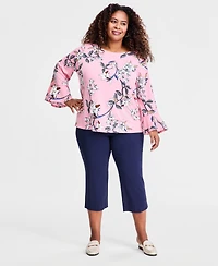Jm Collection Plus Winding Leaves Flare Sleeve Boat Neck Top